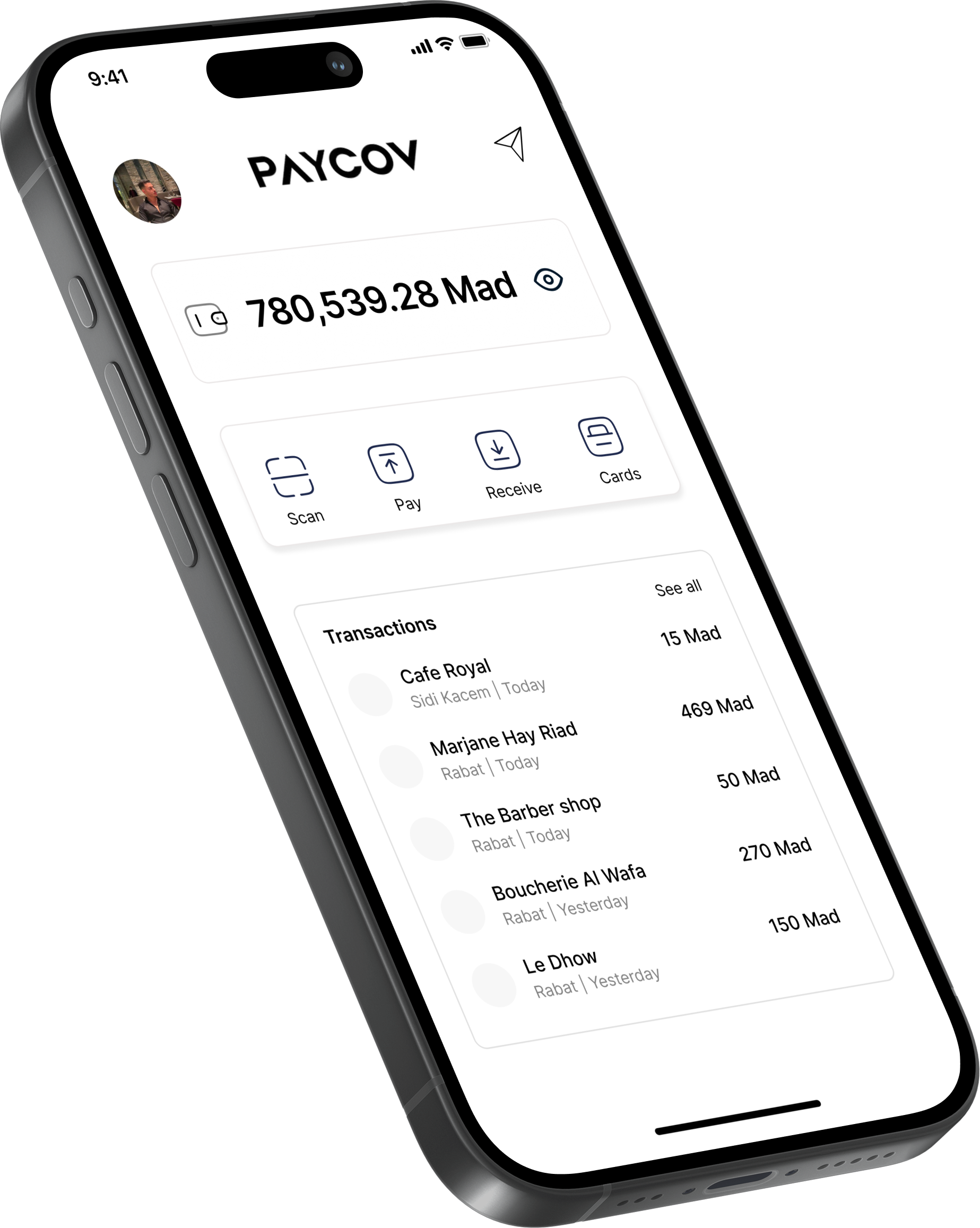 Paycov app dashboard showing 780,539.28 MAD balance with quick action buttons for Scan, Pay, Receive, and Cards, plus recent transactions from Moroccan businesses