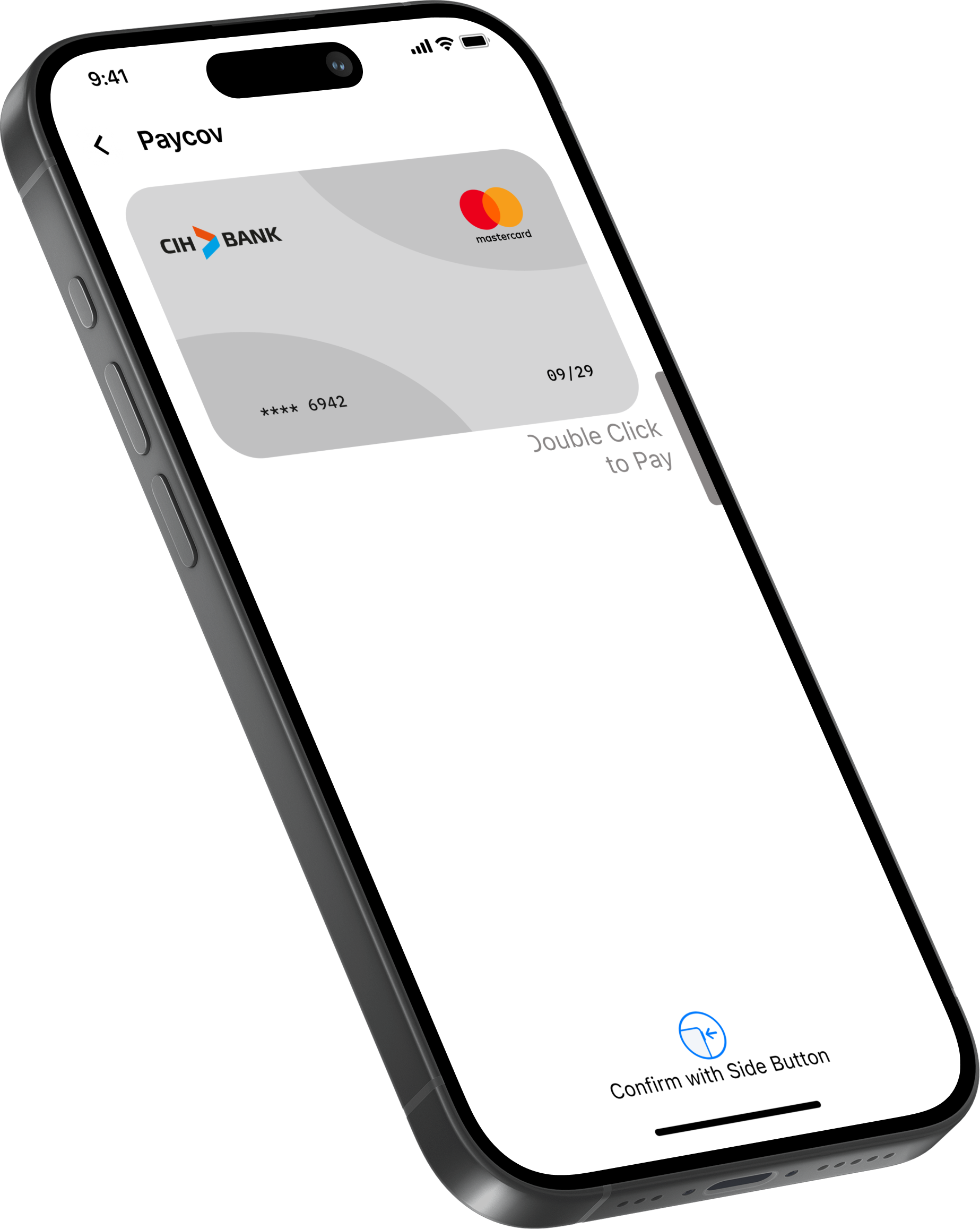 Paycov NFC payment screen showing CIH Bank Mastercard ready for tap-to-pay